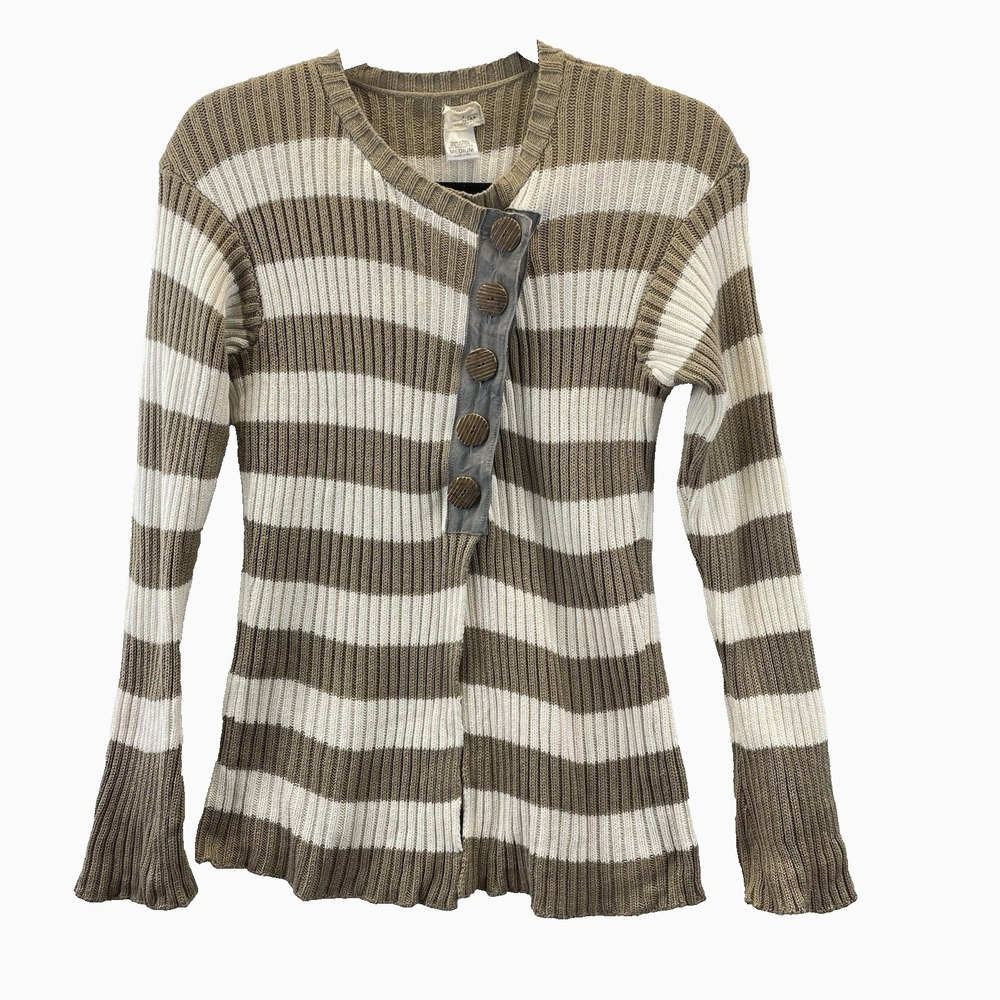 Neesh by D.A.R. Striped Ribbed Cardigan Womens Medium Olive Green Button Front